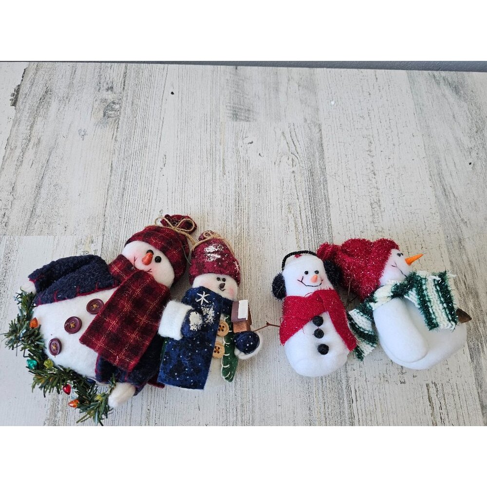 Plush snowman Garland ornament set birdhouse country folk art Xmas tree